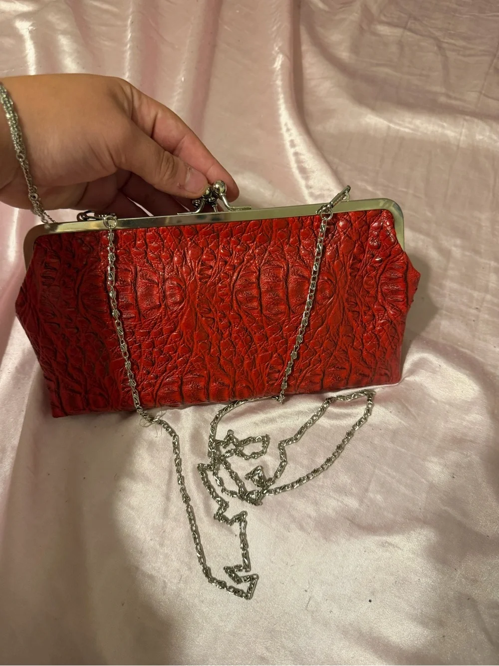 Red Textured Frame Clutch with Chain Strap